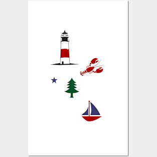 Maine Things -- lobster, sailboat, pine tree flag, lighthouse Posters and Art